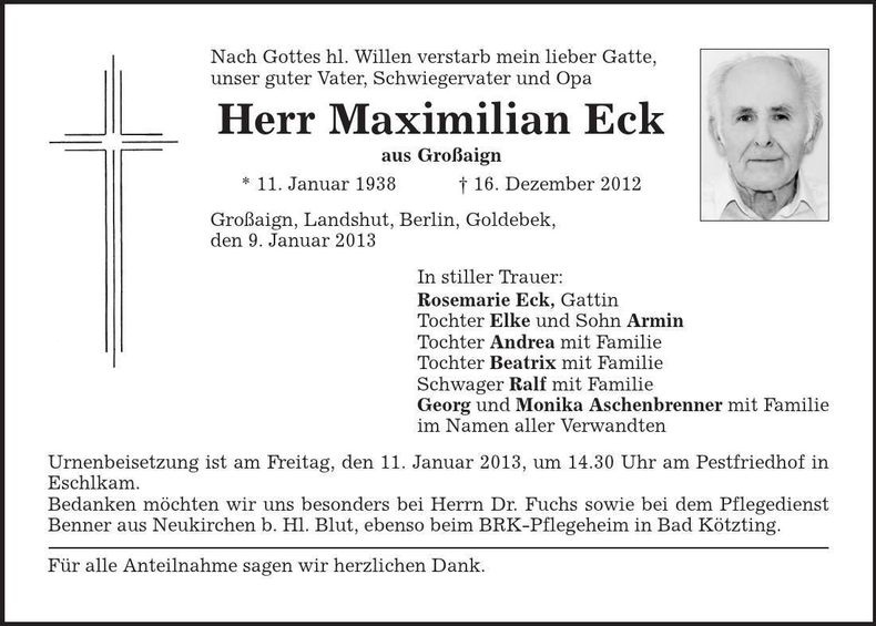 Traueranzeige Maximilian Eck