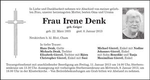 Traueranzeige Irene Denk