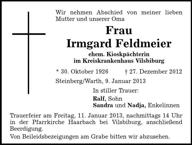 Traueranzeige Irmgard Feldmeier