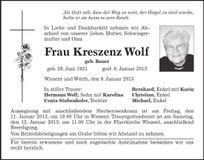 Traueranzeige Kreszenz Wolf