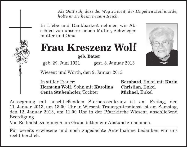 Traueranzeige Kreszenz Wolf