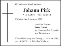 Traueranzeige Johann Pirk