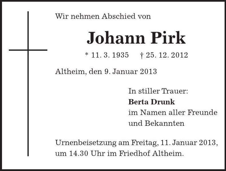 Traueranzeige Johann Pirk