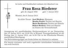 Traueranzeige Rosa Biederer