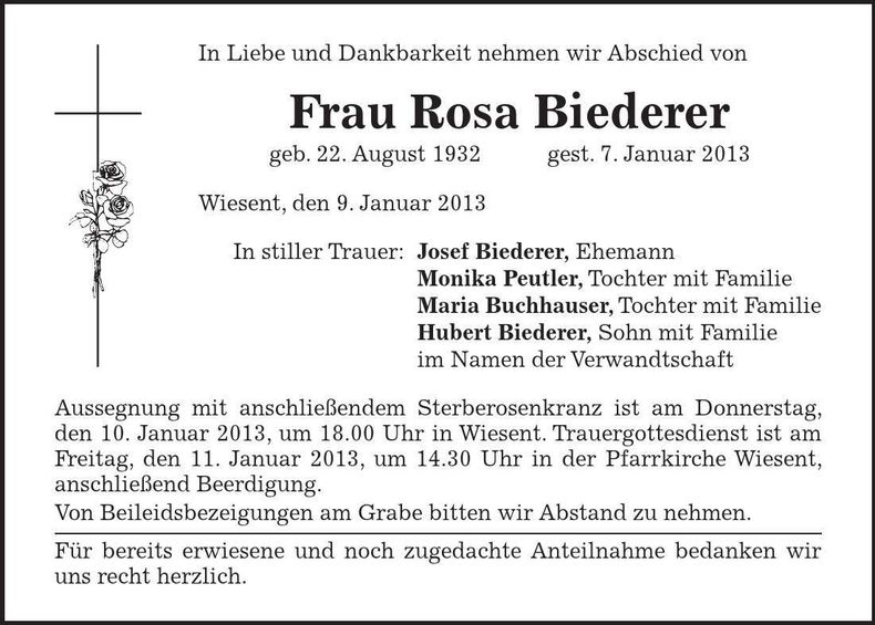 Traueranzeige Rosa Biederer