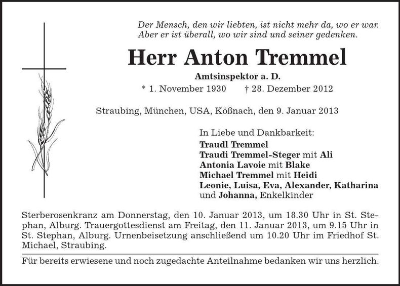 Traueranzeige Anton Tremmel