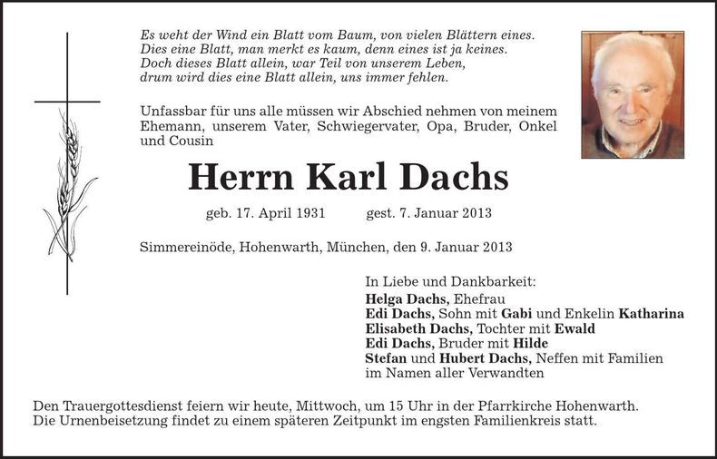 Traueranzeige Karl Dachs
