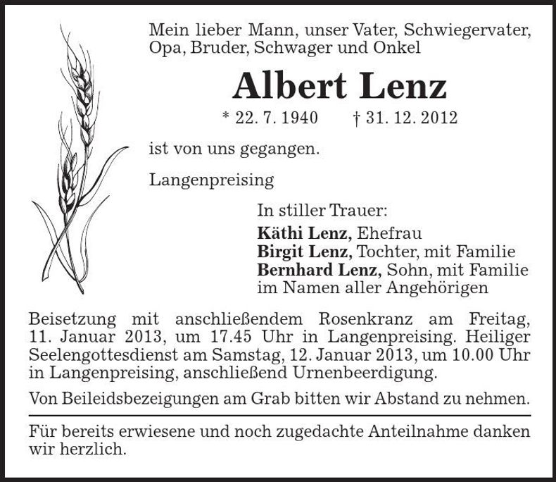 Traueranzeige Albert Lenz