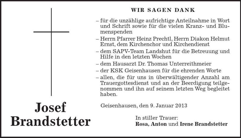 Traueranzeige Josef Brandstetter