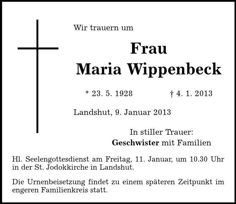 Traueranzeige Maria Wippenbeck