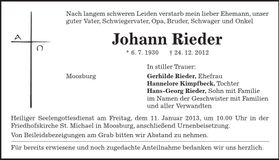 Traueranzeige Johann Rieder