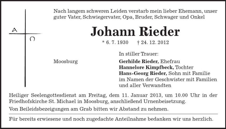 Traueranzeige Johann Rieder