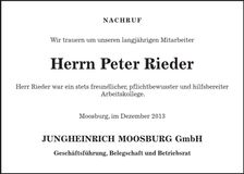 Traueranzeige Peter Rieder