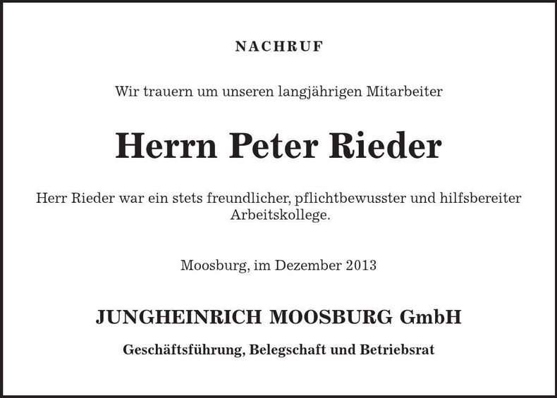 Traueranzeige Peter Rieder