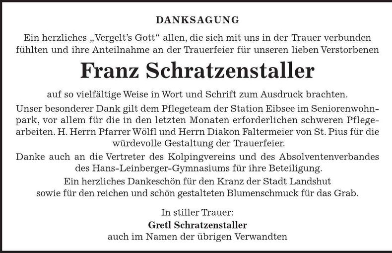 Traueranzeige Franz Schratzenstaller