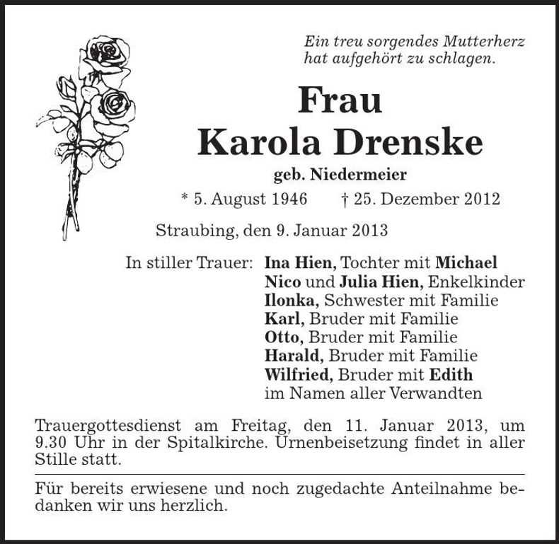 Traueranzeige Karola Drenske