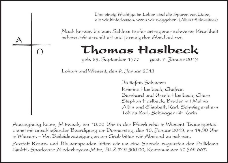 Traueranzeige Thomas Haslbeck
