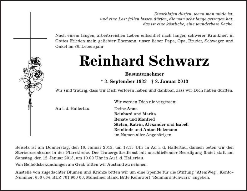 Traueranzeige Reinhard Schwarz