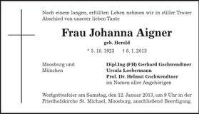 Traueranzeige Johanna Aigner