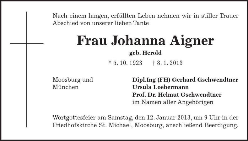 Traueranzeige Johanna Aigner