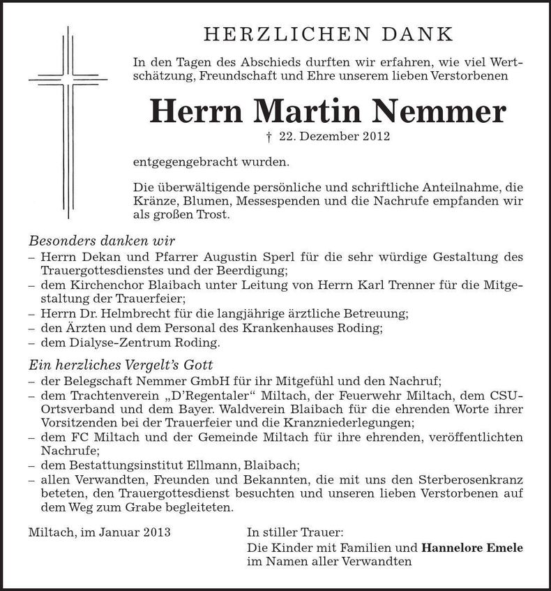 Traueranzeige Martin Nemmer