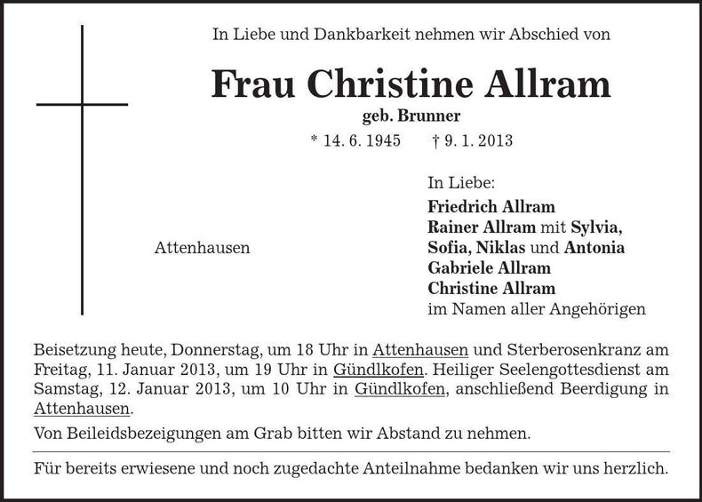 Traueranzeige Christine Allram