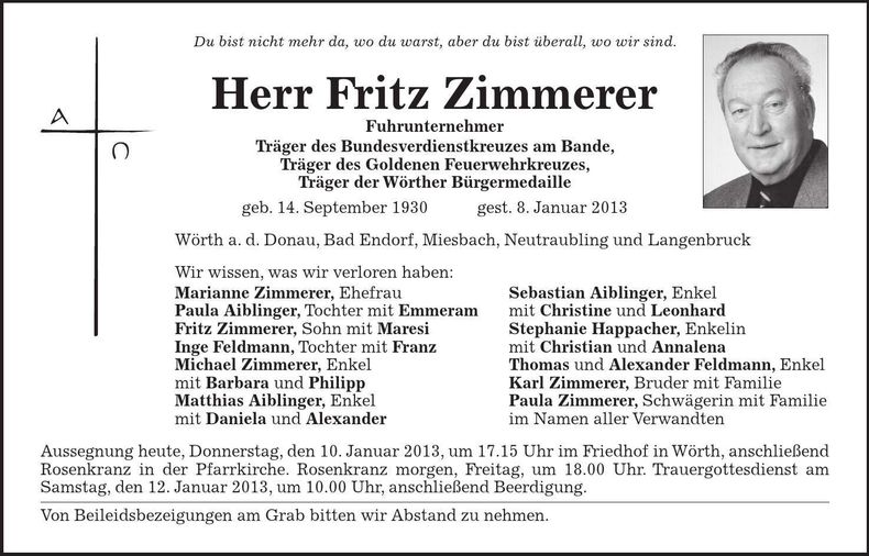 Traueranzeige Fritz Zimmerer