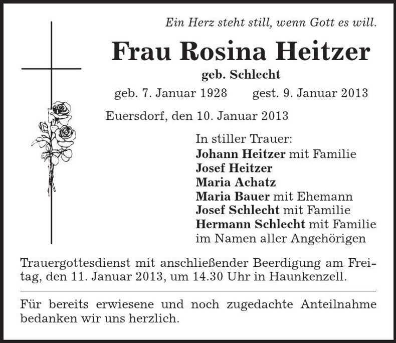 Traueranzeige Rosina Heitzer
