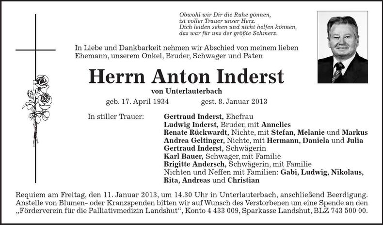 Traueranzeige Anton Inderst