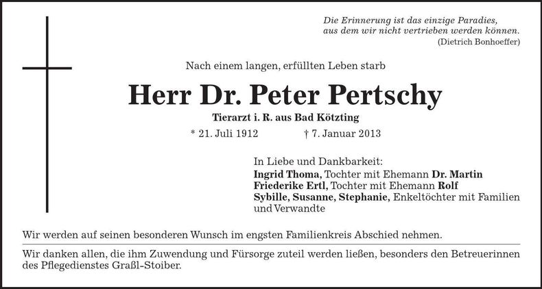 Traueranzeige Peter Dr. Pertschy