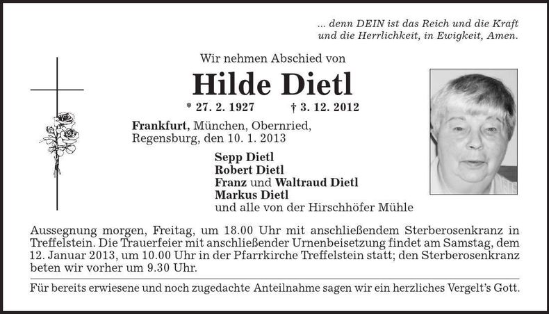 Traueranzeige Hilde Dietl