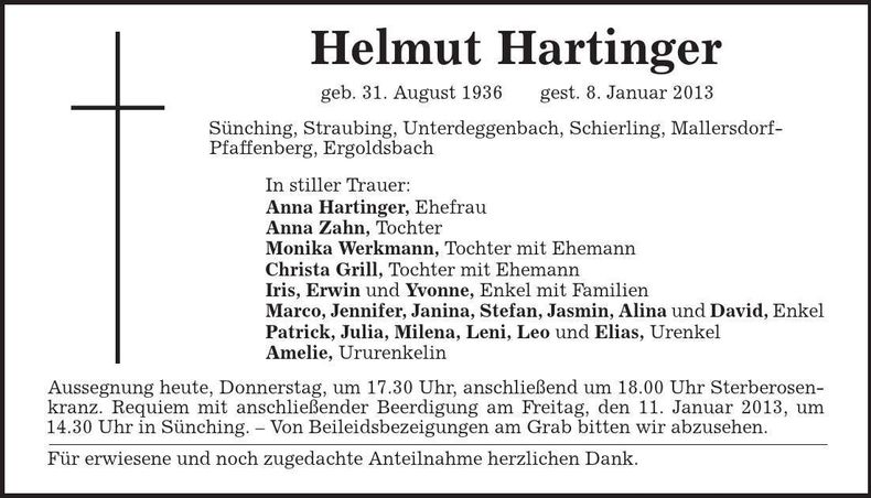 Traueranzeige Helmut Hartinger