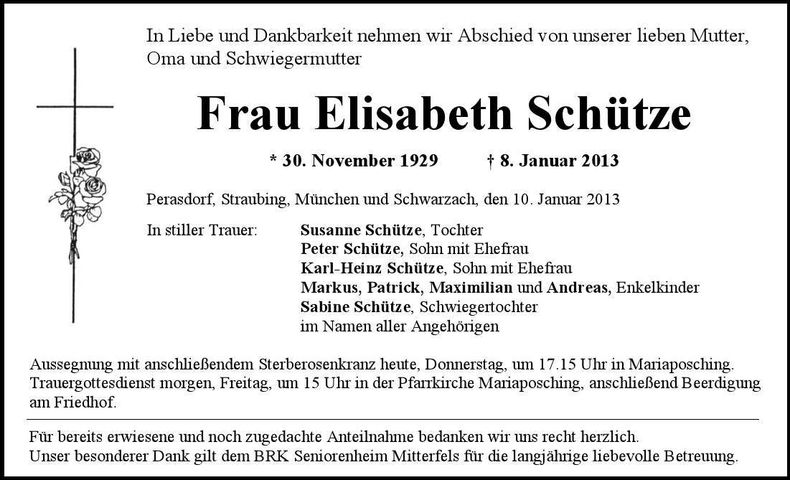 Traueranzeige Elisabeth Schütze