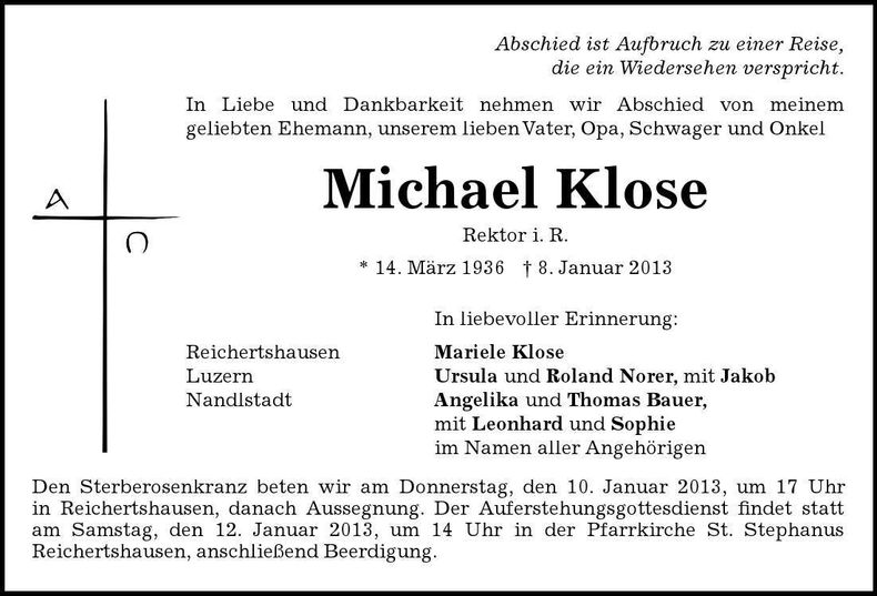 Traueranzeige Michael Klose
