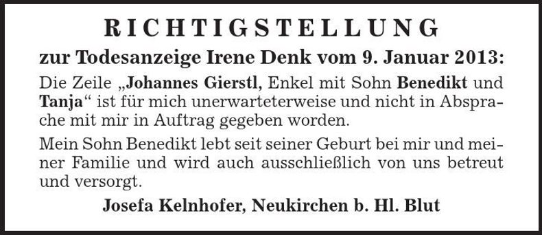 Traueranzeige Irene Denk