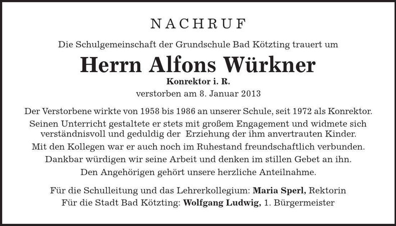 Traueranzeige Alfons Würkner
