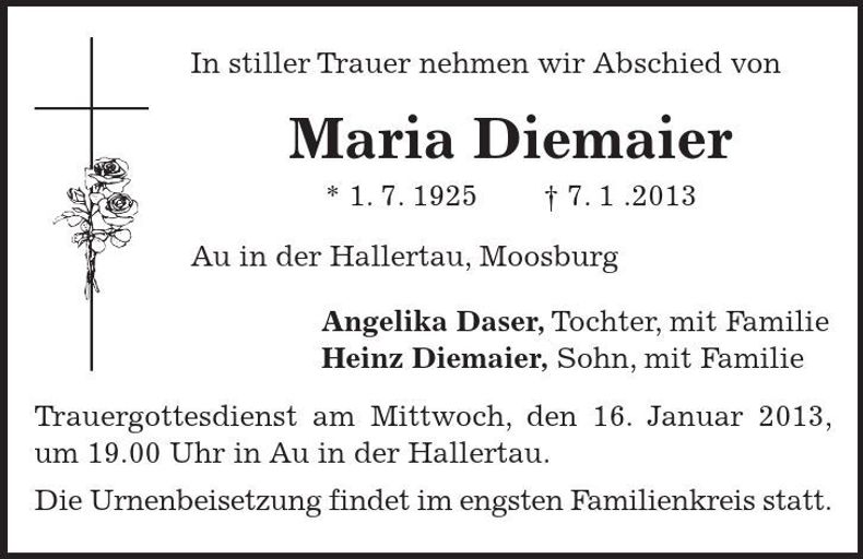 Traueranzeige Maria Diemaier