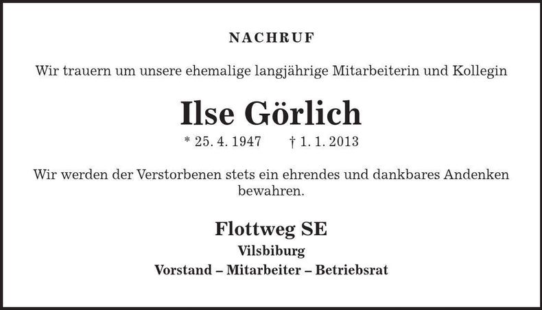 Traueranzeige Ilse Görlich