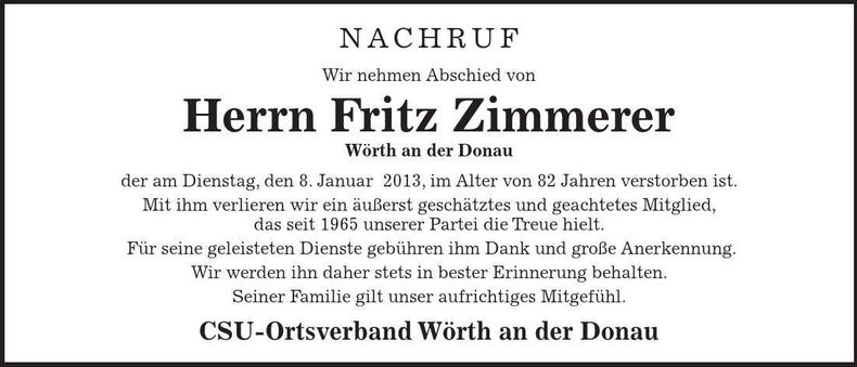 Traueranzeige Fritz Zimmerer