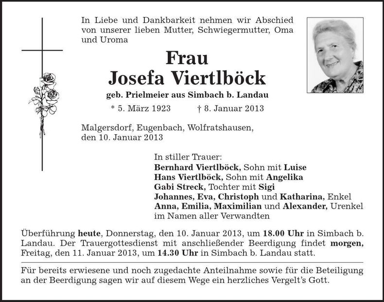 Traueranzeige Josefa Viertlböck