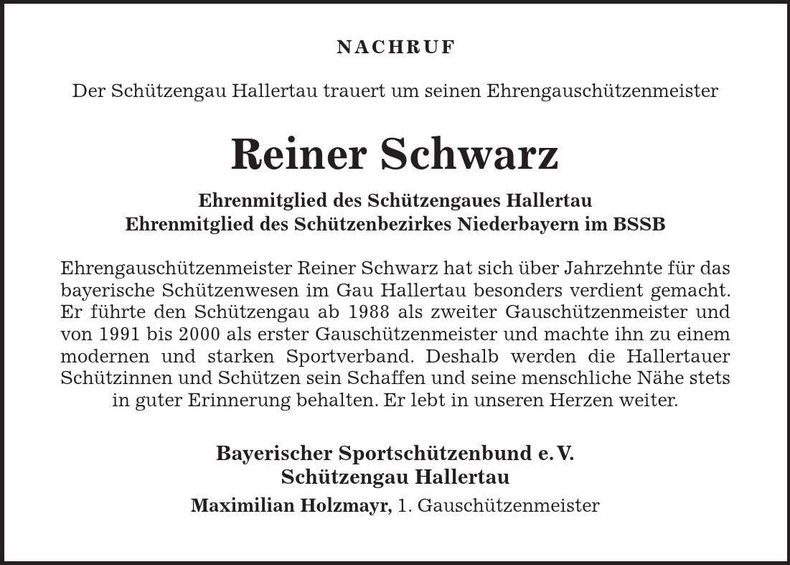 Traueranzeige Reiner Schwarz