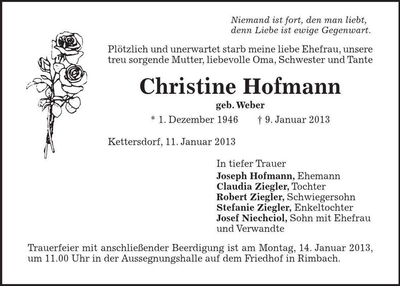 Traueranzeige Christine Hofmann