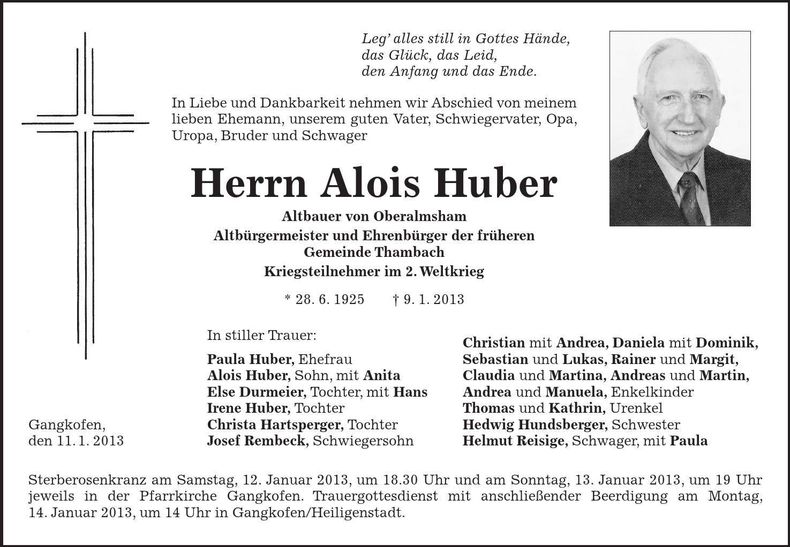 Traueranzeige Alois Huber