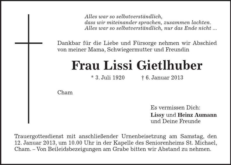 Traueranzeige Lissi Gietlhuber