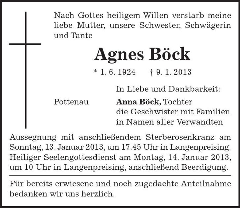 Traueranzeige Agnes Böck