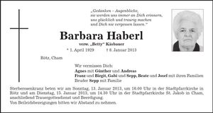 Traueranzeige Barbara Haberl
