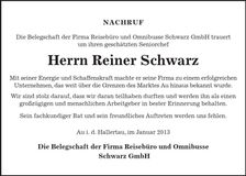 Traueranzeige Reiner Schwarz