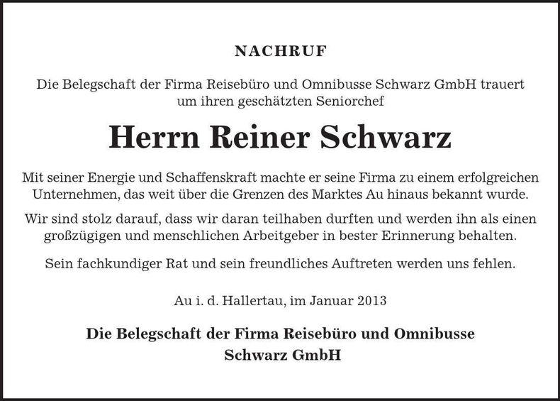 Traueranzeige Reiner Schwarz