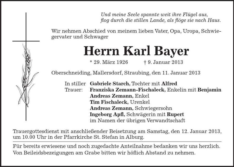 Traueranzeige Karl Bayer