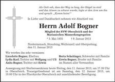 Traueranzeige Adolf Bogner